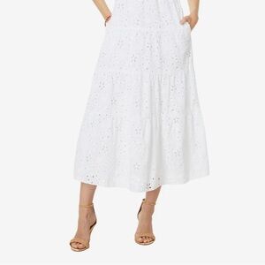 Lily Pulitzer 100%‎ Cotton White Eyelet Midi Skirt Side Pockets Women's 4 EUC